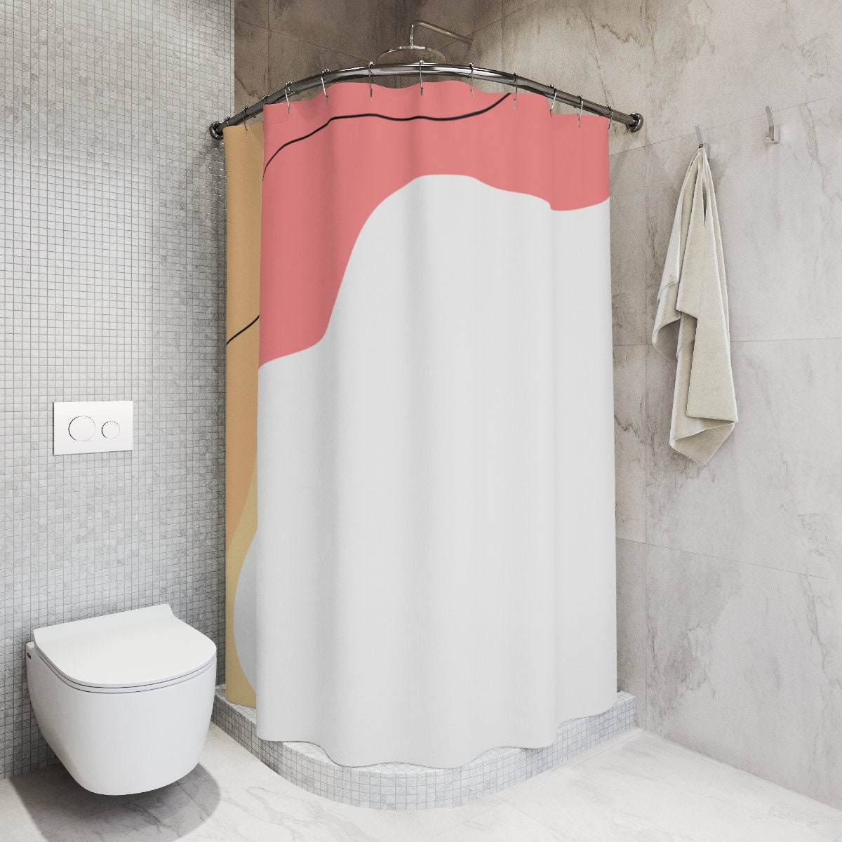 Modern Boho Abstract Waves Shower Curtain, Blue Orange Lake Designer Curtain, Bathroom Curtain - Image 2