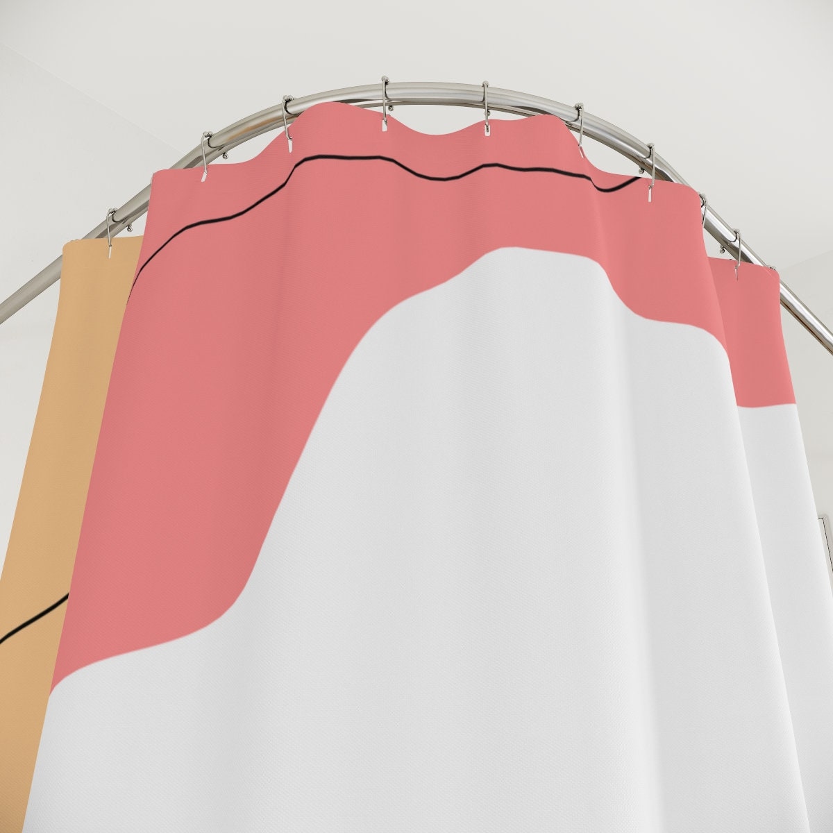 Modern Boho Abstract Waves Shower Curtain, Blue Orange Lake Designer Curtain, Bathroom Curtain - Image 4