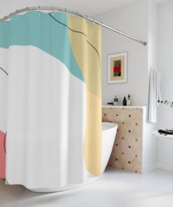 Modern Boho Abstract Waves Shower Curtain, Blue Orange Lake Designer Curtain, Bathroom Curtain, Minimalist Mint Home Art