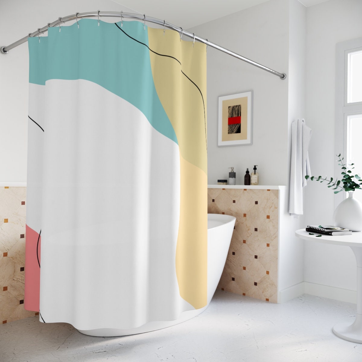 Modern Boho Abstract Waves Shower Curtain, Blue Orange Lake Designer Curtain, Bathroom Curtain, Minimalist Mint Home Art