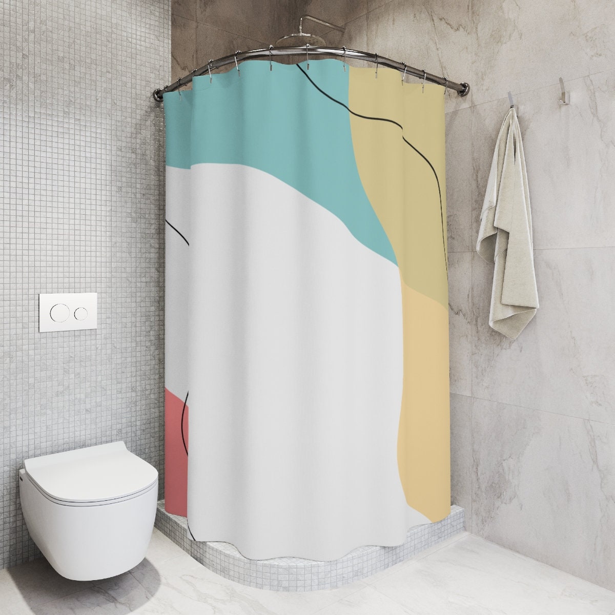 Modern Boho Abstract Waves Shower Curtain, Blue Orange Lake Designer Curtain, Bathroom Curtain, Minimalist Mint Home Art - Image 2