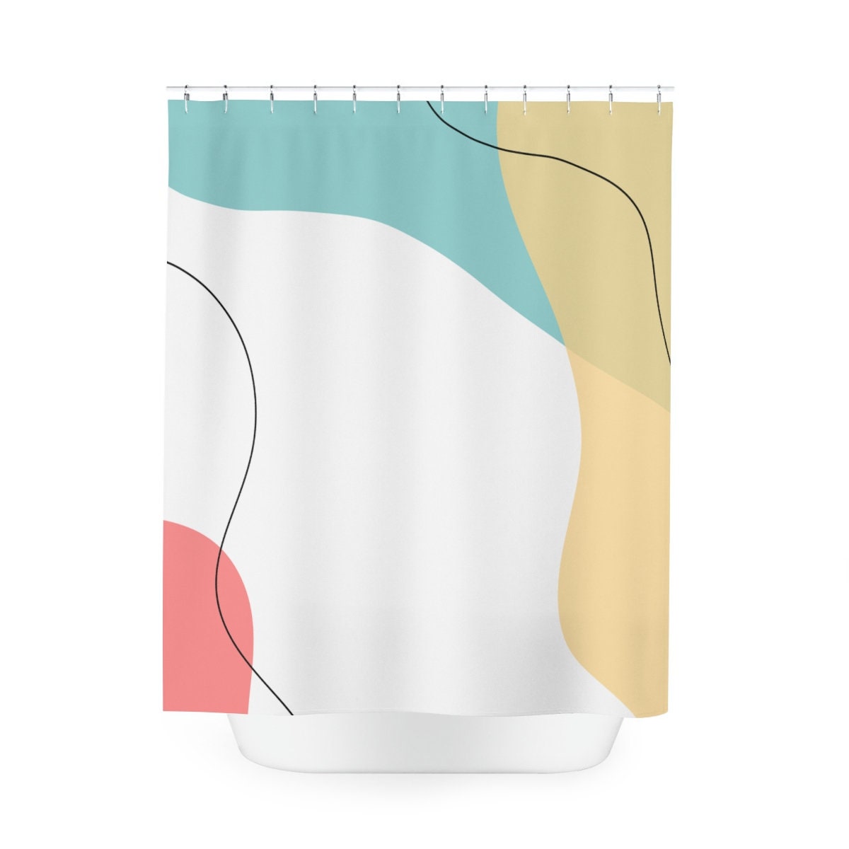 Modern Boho Abstract Waves Shower Curtain, Blue Orange Lake Designer Curtain, Bathroom Curtain, Minimalist Mint Home Art - Image 3