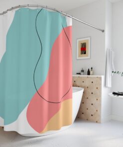 Modern Boho Abstract Waves Shower Curtain or Mat, Blue Orange Bathroom Stripes Curtain, Minimalist Mint Home Art