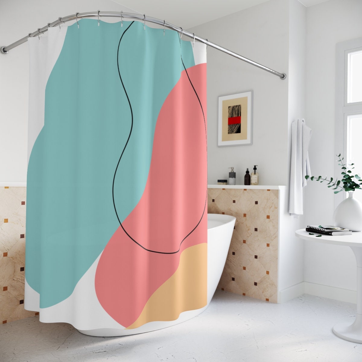 Modern Boho Abstract Waves Shower Curtain or Mat, Blue Orange Bathroom Stripes Curtain, Minimalist Mint Home Art