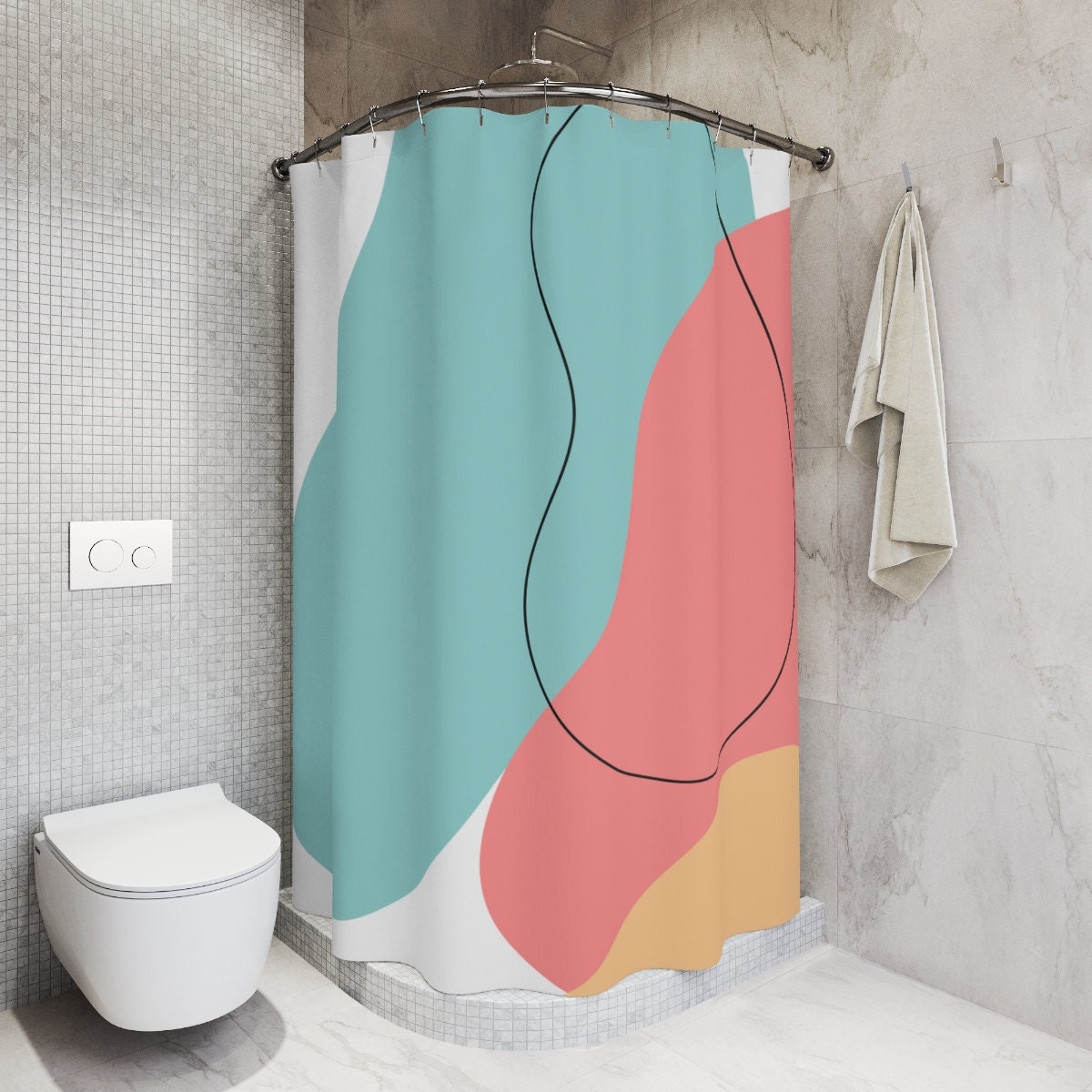 Modern Boho Abstract Waves Shower Curtain or Mat, Blue Orange Bathroom Stripes Curtain, Minimalist Mint Home Art - Image 2