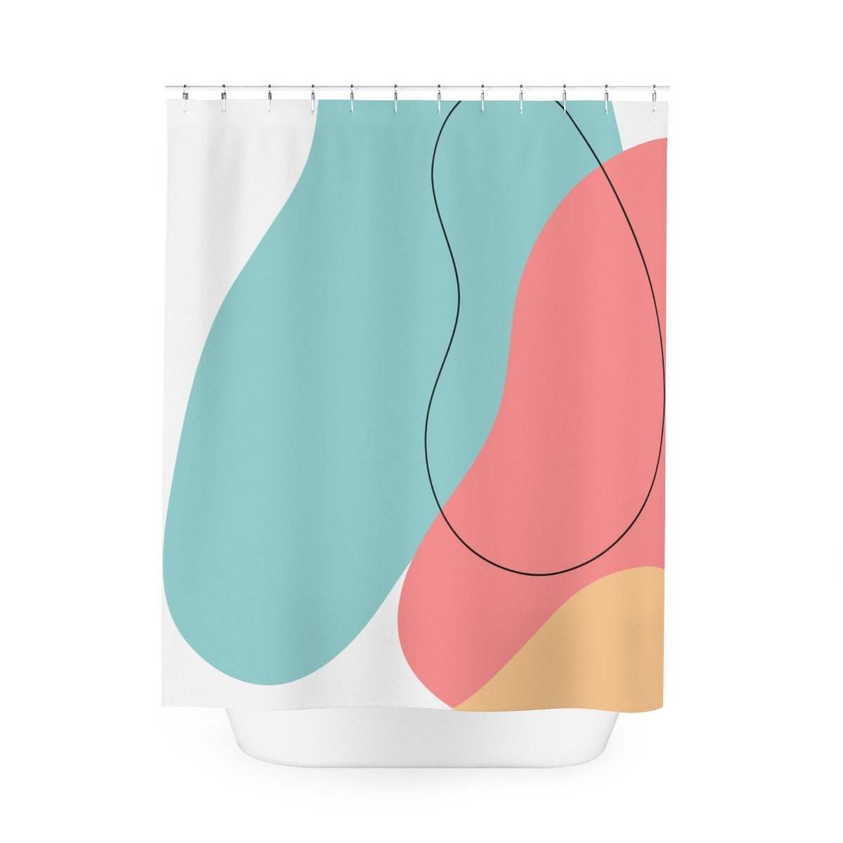 Modern Boho Abstract Waves Shower Curtain or Mat, Blue Orange Bathroom Stripes Curtain, Minimalist Mint Home Art - Image 3