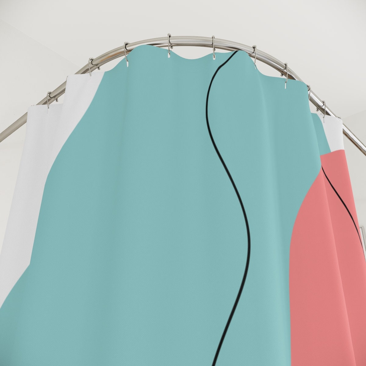 Modern Boho Abstract Waves Shower Curtain or Mat, Blue Orange Bathroom Stripes Curtain, Minimalist Mint Home Art - Image 4