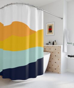Modern Boho Abstract Waves Shower Curtain or Mat, Blue Orange Lake Design, Bathroom Curtain, At Home Shower Curtains