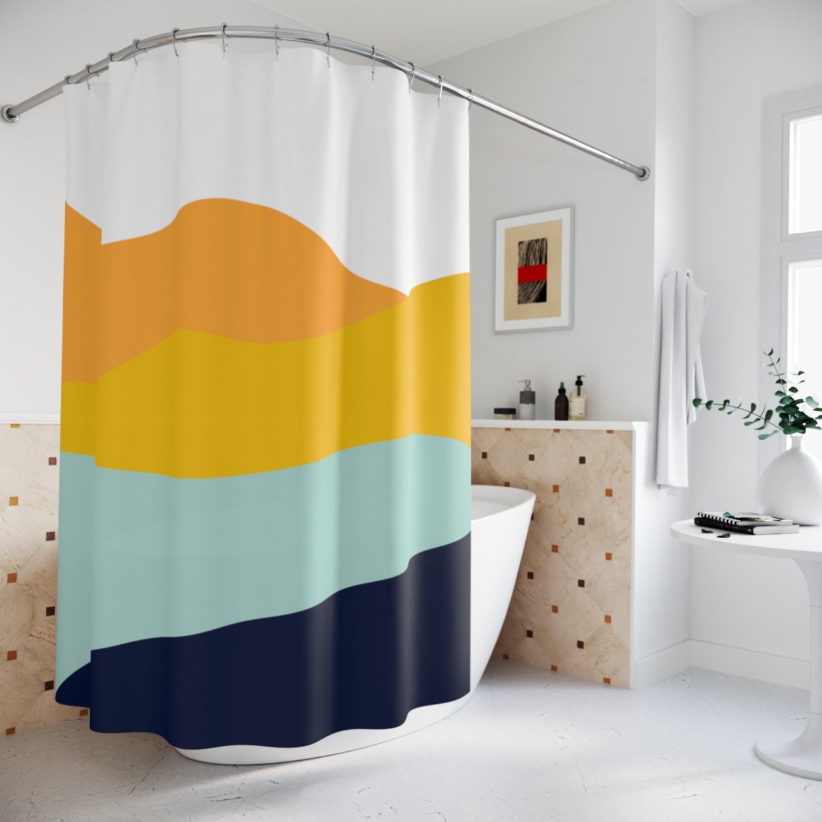 Modern Boho Abstract Waves Shower Curtain or Mat, Blue Orange Lake Design, Bathroom Curtain, At Home Shower Curtains