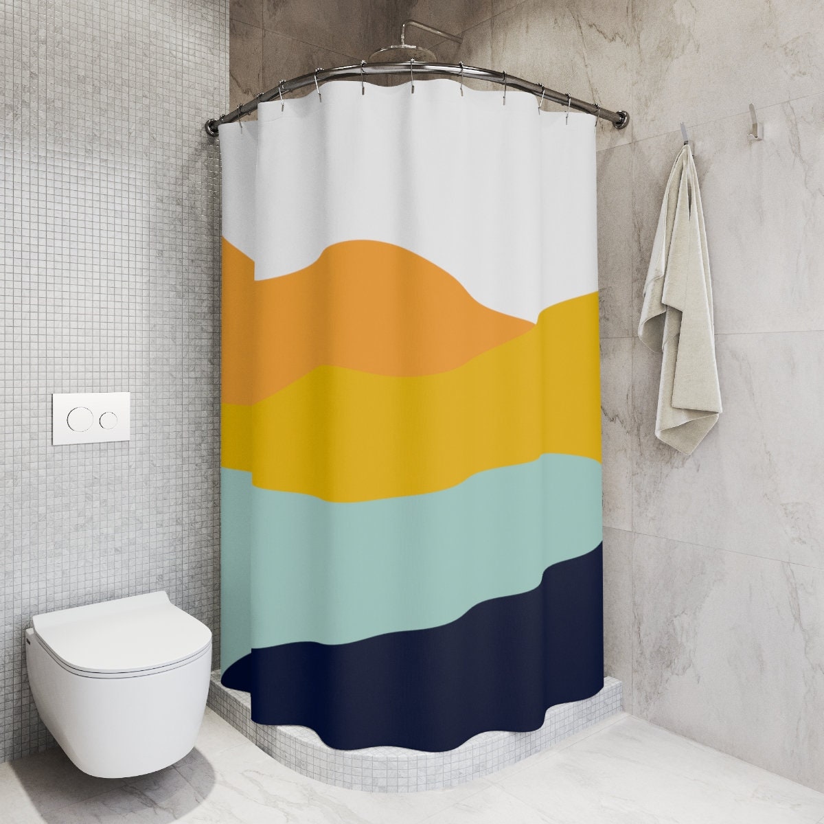 Modern Boho Abstract Waves Shower Curtain or Mat, Blue Orange Lake Design, Bathroom Curtain, At Home Shower Curtains - Image 2