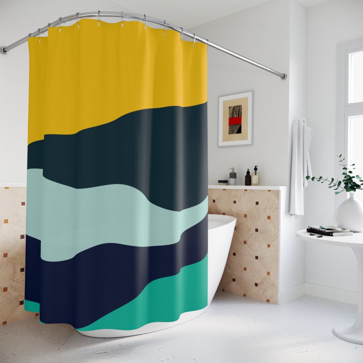 Modern Boho Abstract Waves Shower Curtain or Mat, Minimalist Mint Home Art, Decoration - Travel Shower Curtain