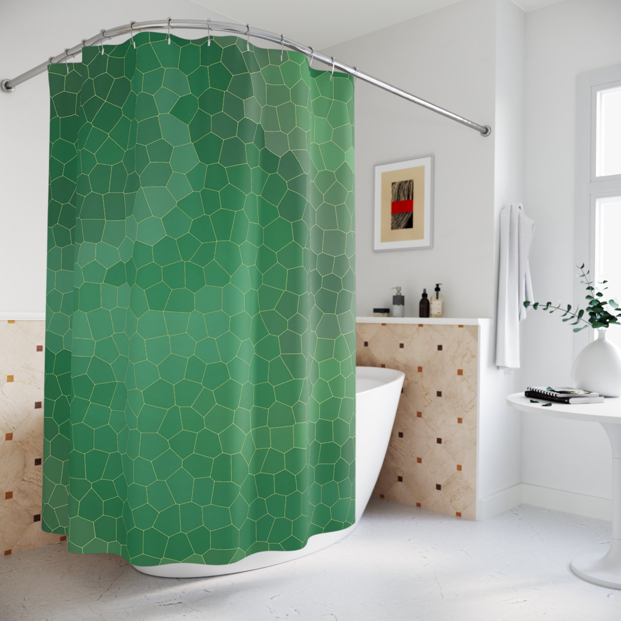 Modern Boho Shower Curtain, Sage Green Tiles Design, Relaxing Bath Decor