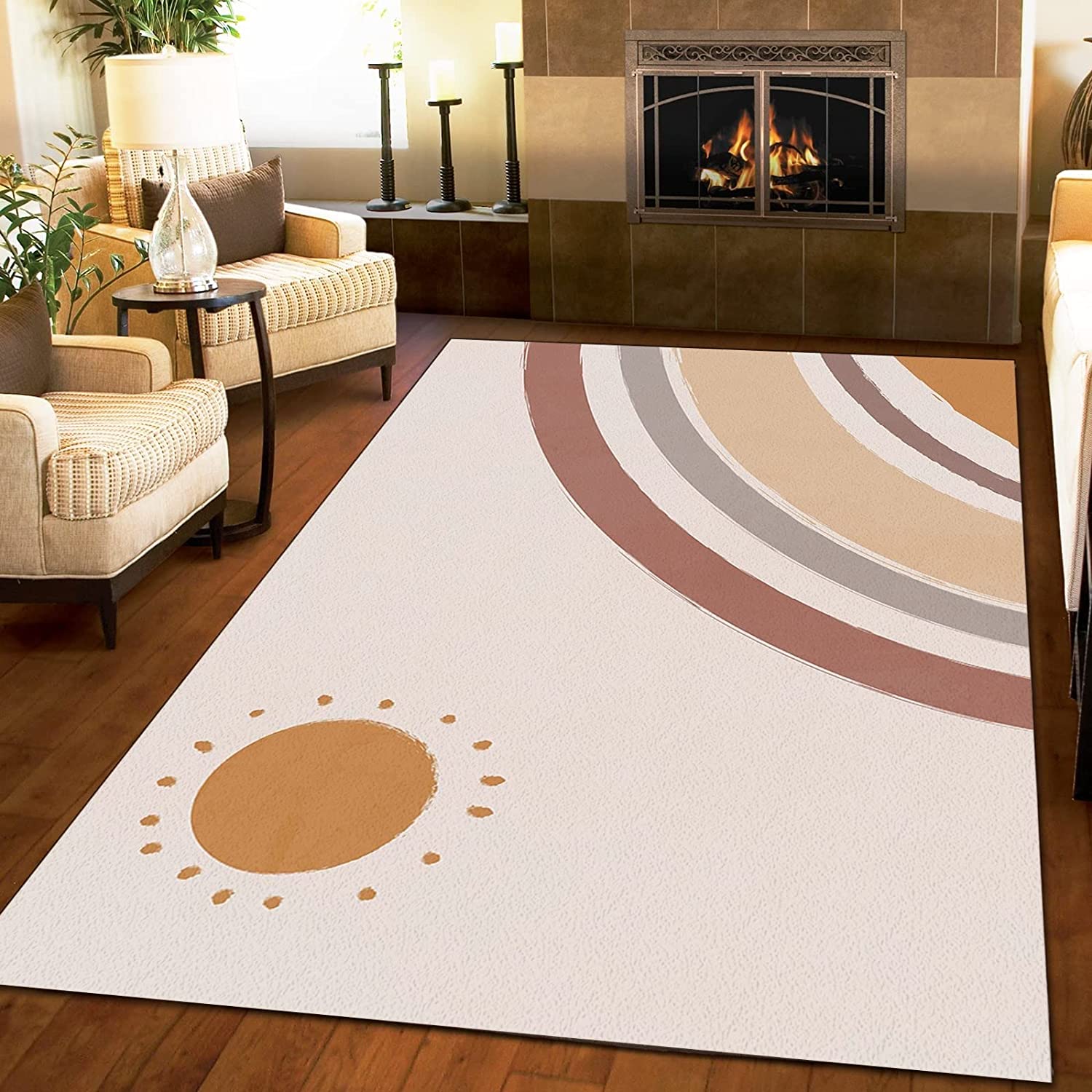 Modern Boho Sun Color Line Area Rug - Soft Washable Rugs, Decorative Carpet with Floor Rugs
