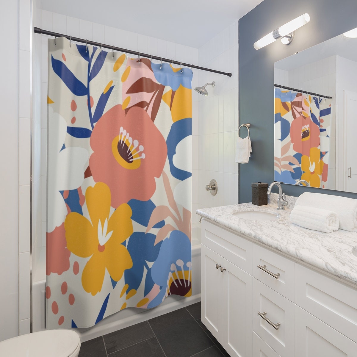Modern Flower Print Shower Curtain, Add a Pop of Color to Your Bathroom - Image 2