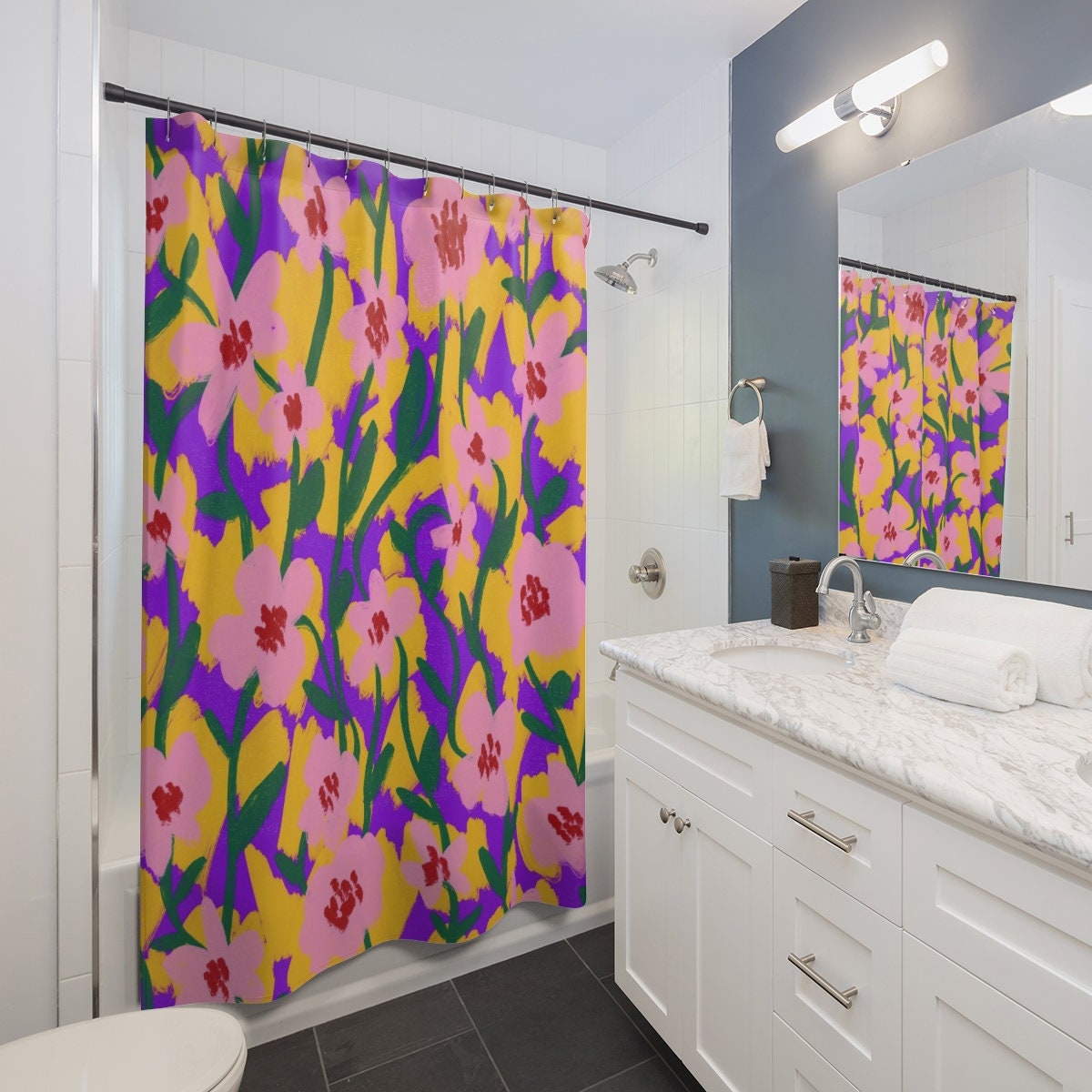 Modern Flower Print Shower Curtain for a Stylish Bathroom - Image 2