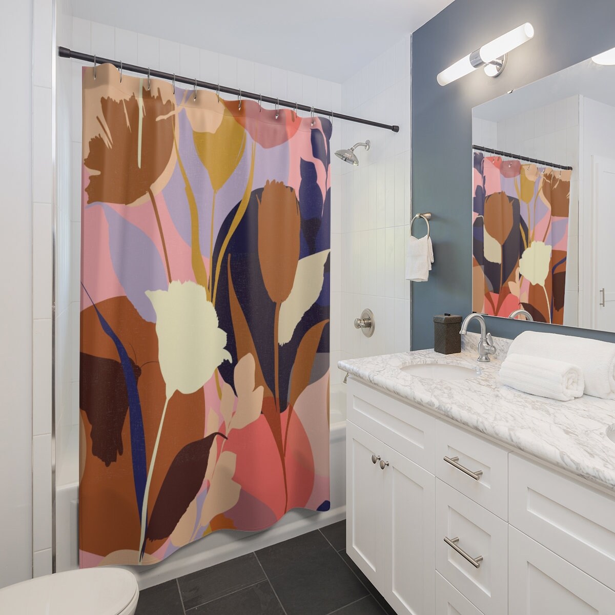 Modern Flower Print Shower Curtain with Gift Idea - Image 2