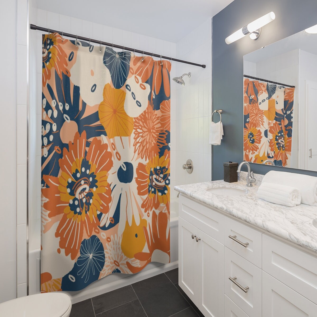 Modern Flower Print Shower Curtain with Housewarming Gift - Image 2