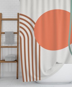 Modern Geometric Boho Shower Curtain / Green Brown Gray Orange Bath Curtain / Vintage-Inspired