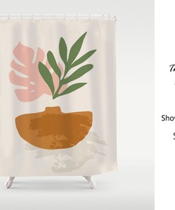 Modern Minimalist Abstract Art Plant Shower Curtain, Waterproof with Hooks, Washable Bath Decor, Custom Sizes Available