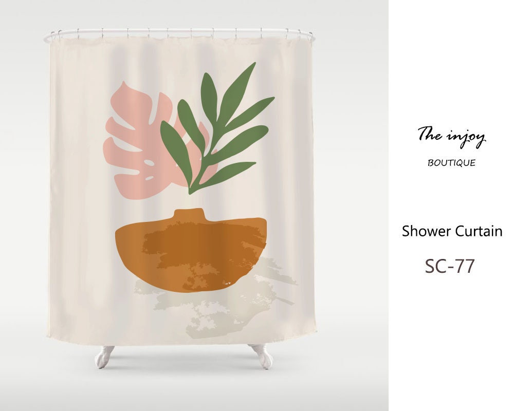 Modern Minimalist Abstract Art Plant Shower Curtain, Waterproof with Hooks, Washable Bath Decor, Custom Sizes Available