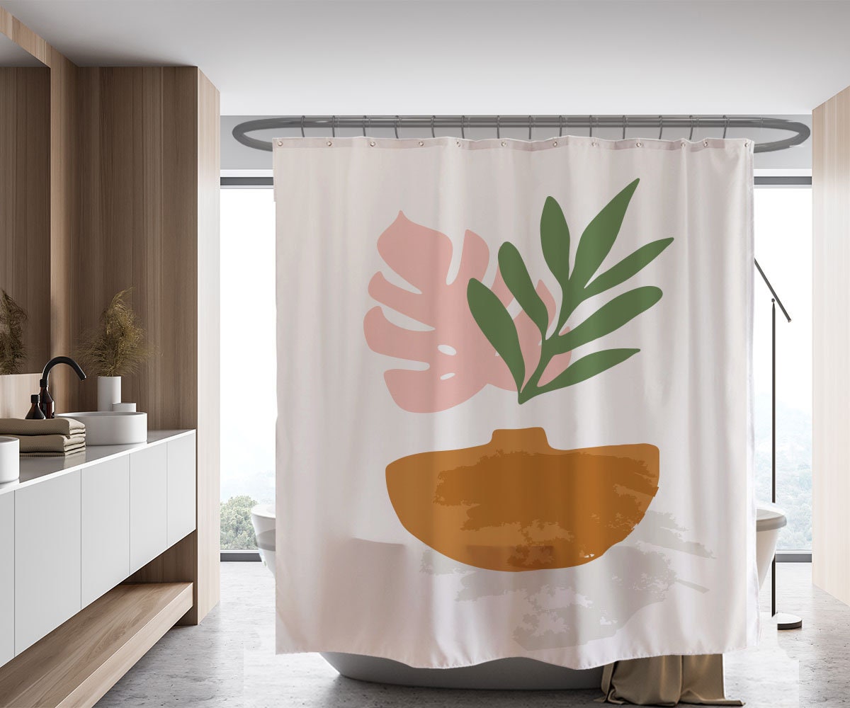 Modern Minimalist Abstract Art Plant Shower Curtain, Waterproof with Hooks, Washable Bath Decor, Custom Sizes Available - Image 2
