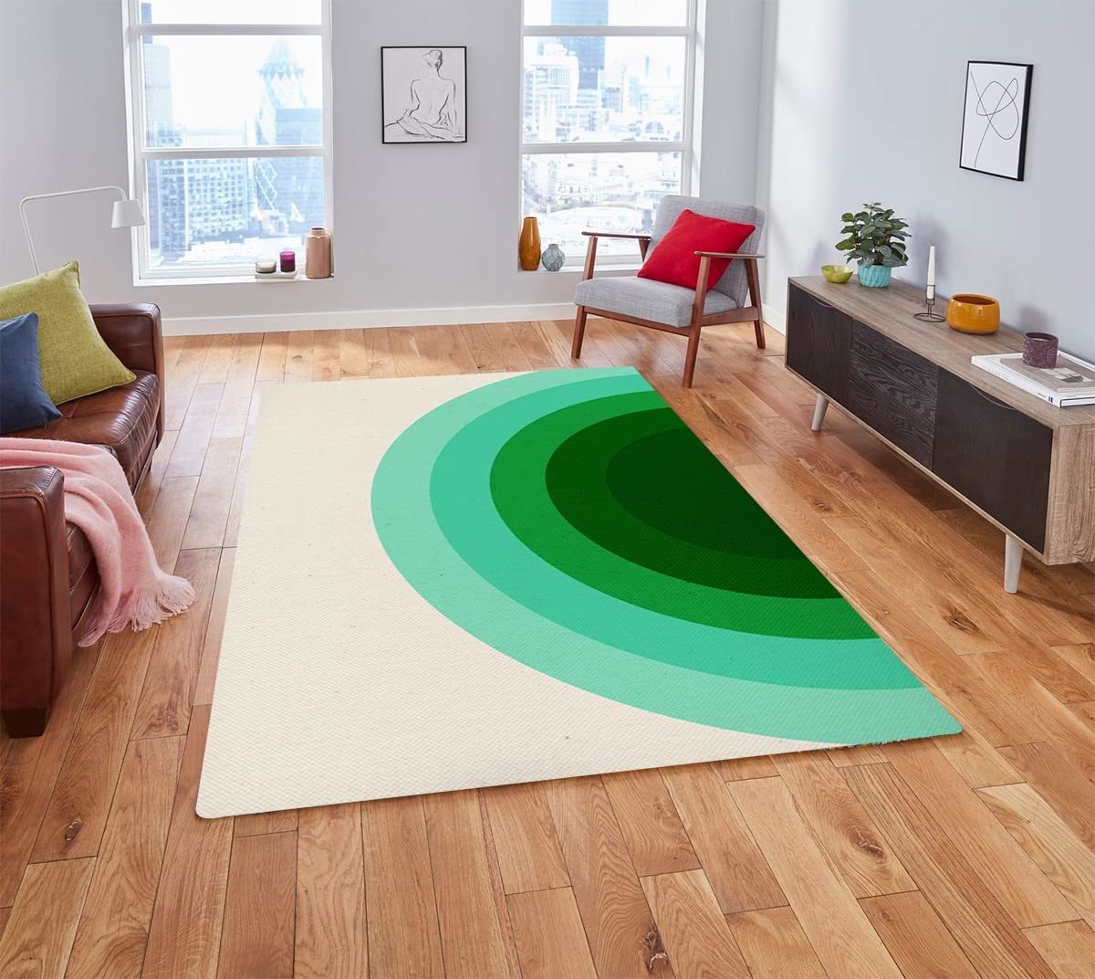 Modern Minimalist Beige Green Ombre Area Rug - Soft Thick Washable Kitchen Dining Room Carpet with Vintage 70s Area Rug - Image 2