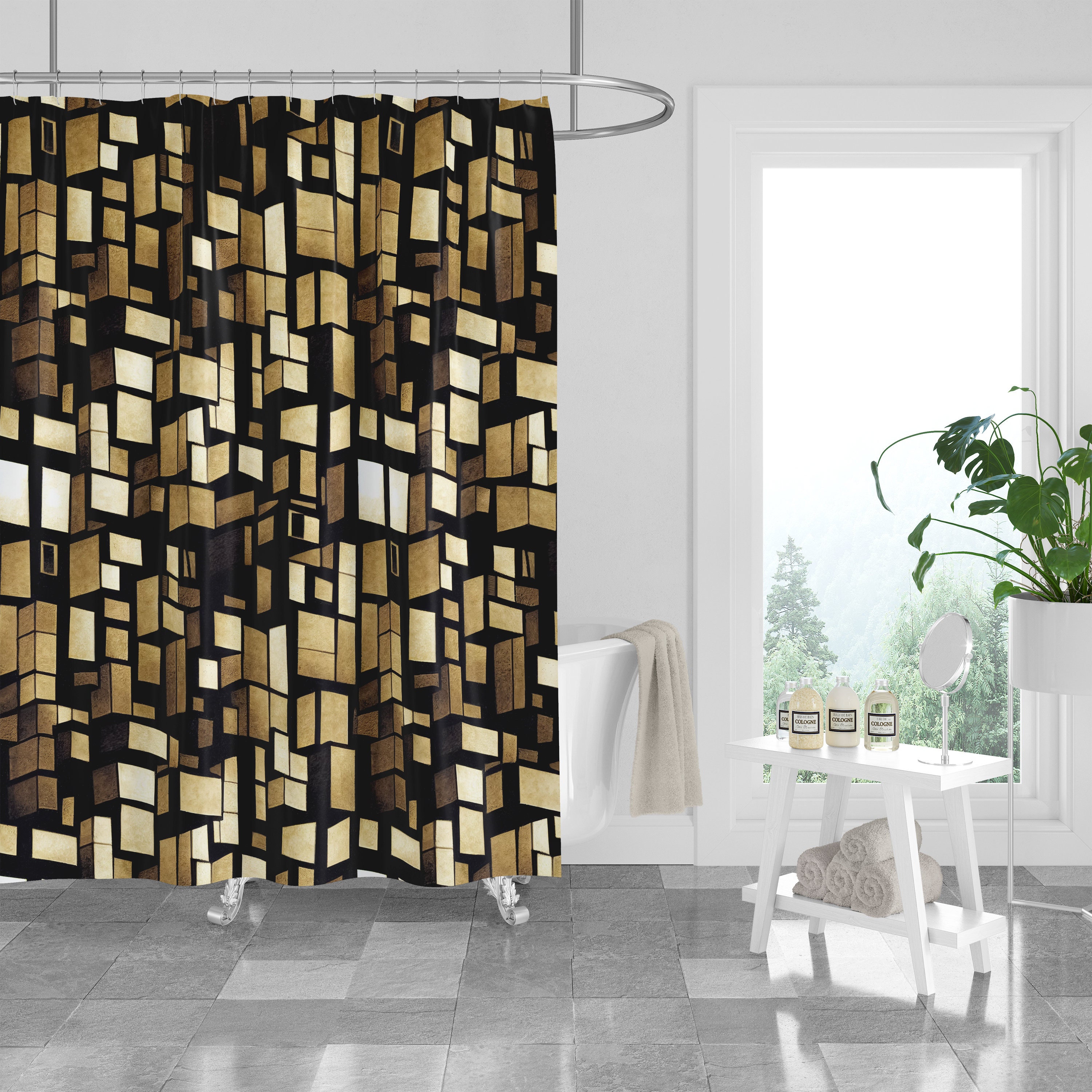 Modern Mod Blocks Abstract Shower Curtain with Optional Matching Towels and Mat for Creative Bathroom Decor