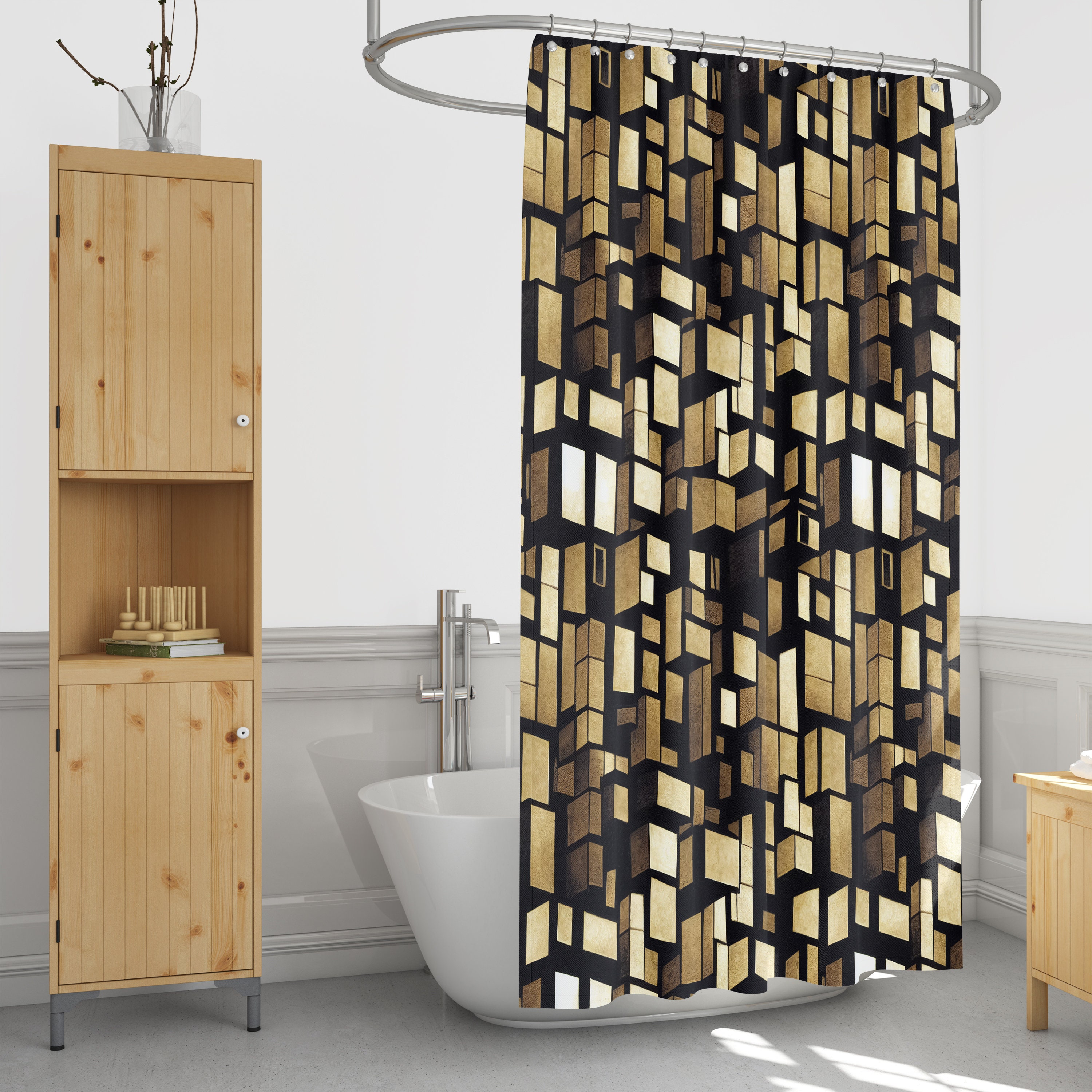 Modern Mod Blocks Abstract Shower Curtain with Optional Matching Towels and Mat for Creative Bathroom Decor - Image 2