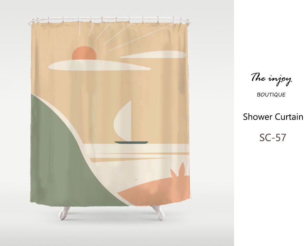 Modern Mountain and Boat Shower Curtain - Waterproof and Washable for Home Decor - Custom Sizes