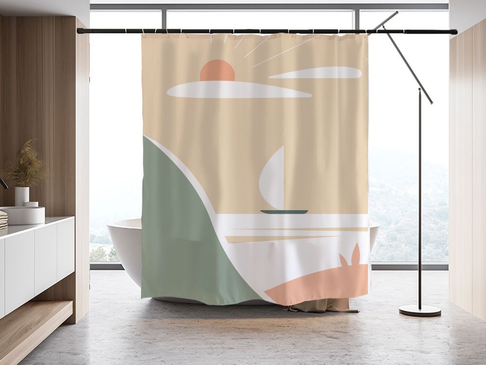 Modern Mountain and Boat Shower Curtain - Waterproof and Washable for Home Decor - Custom Sizes - Image 2