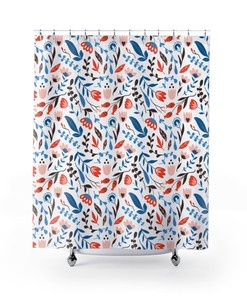Modern Nature Shower Curtain with Flower, Seed Pod, and Leaf with Keywords Shower Curtains Decorative