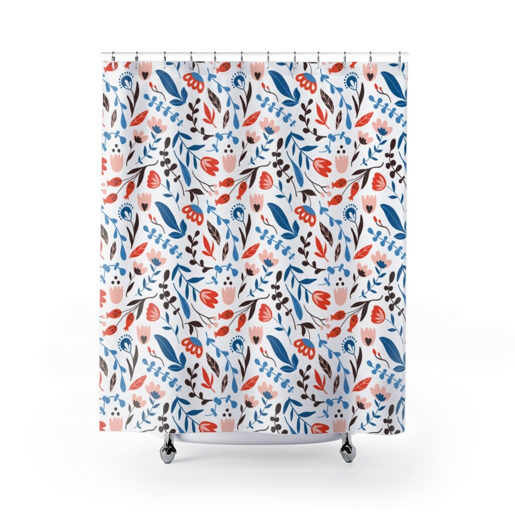 Modern Nature Shower Curtain with Flower, Seed Pod, and Leaf with Keywords Shower Curtains Decorative