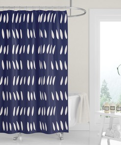 Modern Navy Blue and White Shower Curtain with Abstract Raindrop Cutouts for Neutral Minimalist Decor