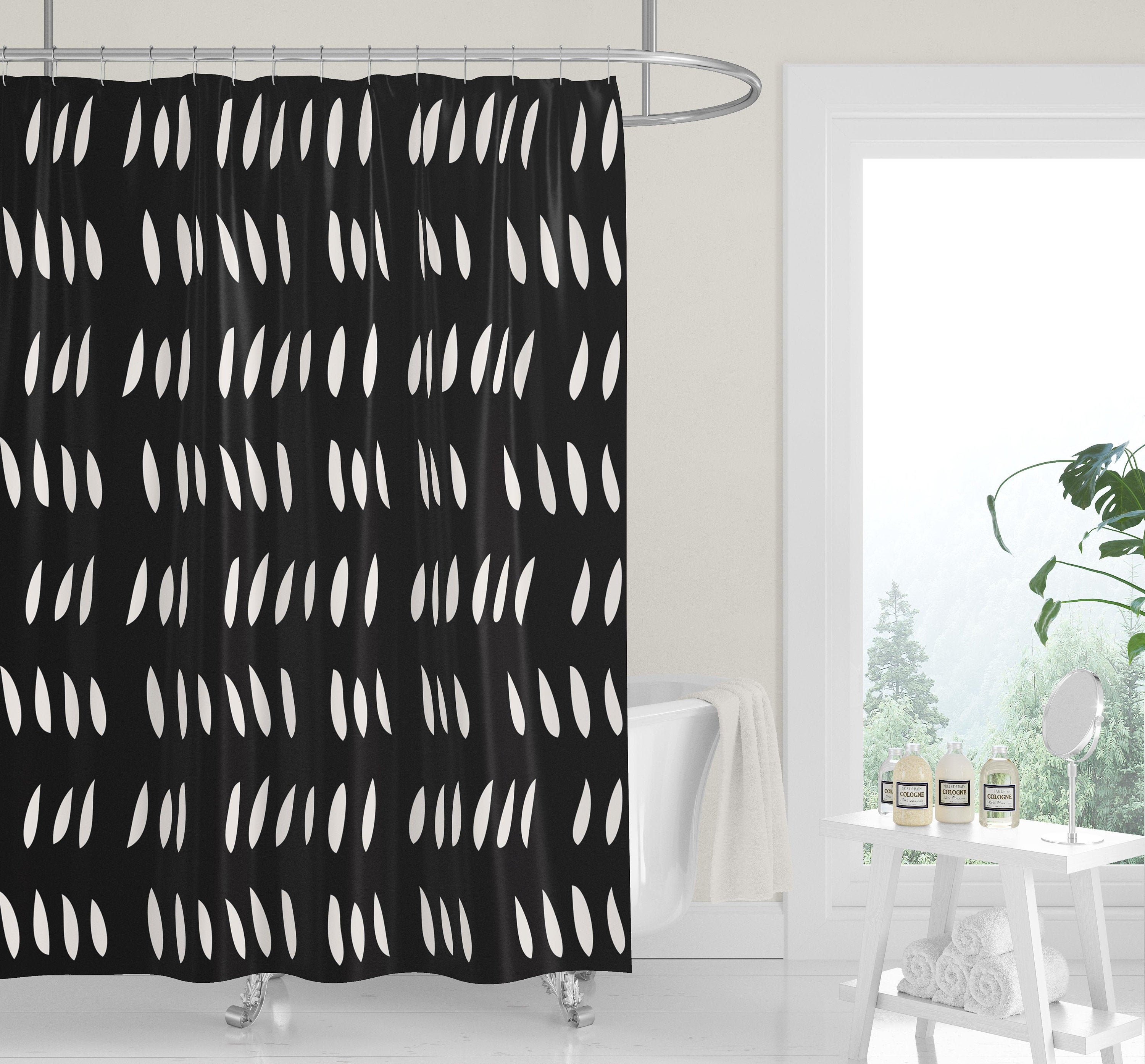 Modern Navy Blue and White Shower Curtain with Abstract Raindrop Cutouts for Neutral Minimalist Decor - Image 2