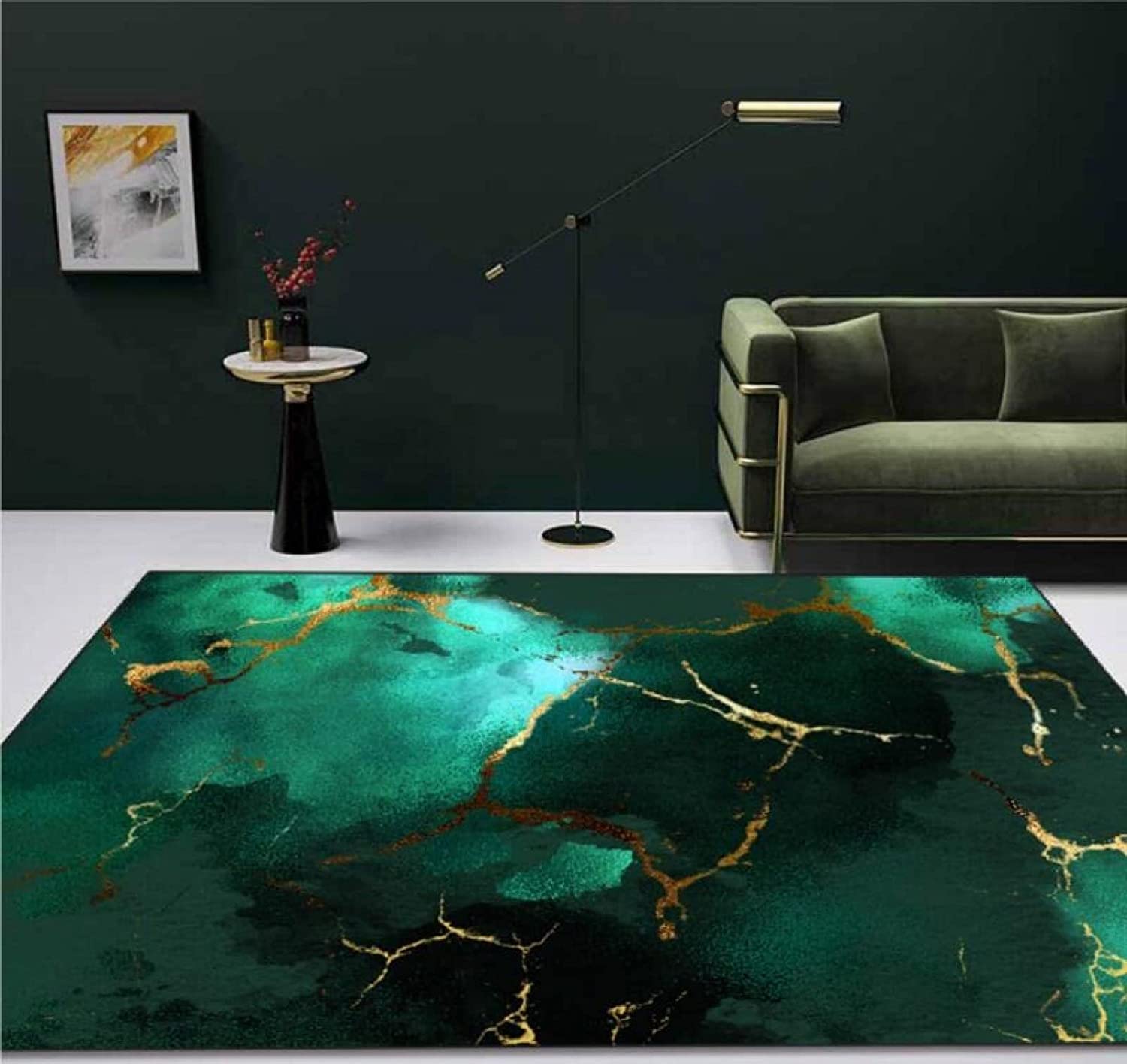 Modern Nordic Luxury Deep Emerald Green Geometric Area Rug with Non-Slip Backing for Contemporary Home Decor