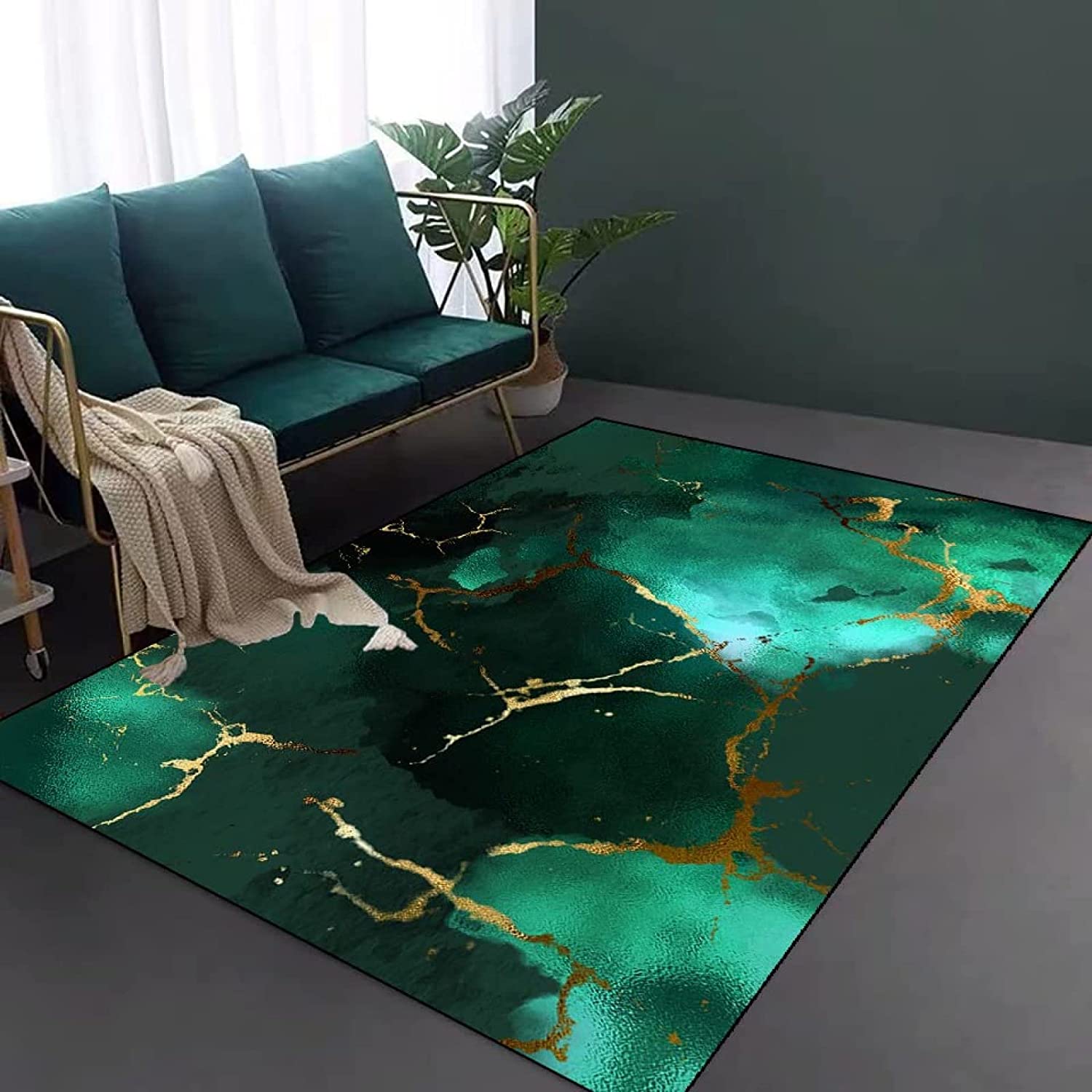 Modern Nordic Luxury Deep Emerald Green Geometric Area Rug with Non-Slip Backing for Contemporary Home Decor - Image 2