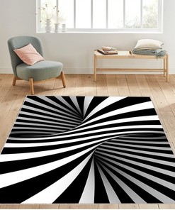 Modern Personalized 3D Vortex Illusion Rug, Showcasing Black and White Optical Art Curves