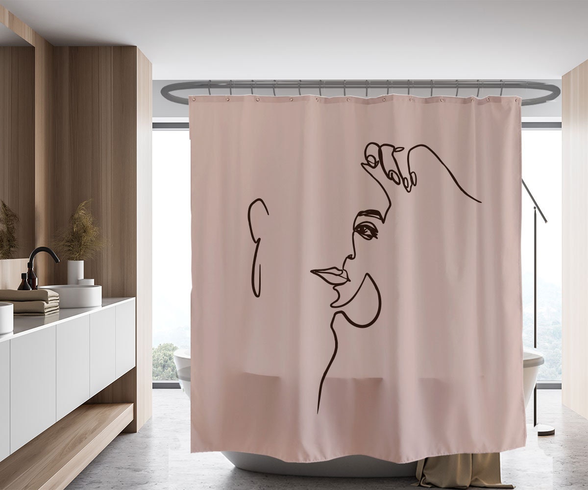 Modern Pink Art Face Shower Curtain - Waterproof and Washable for Bathroom - Customized Size Curtains with Hooks - Image 2