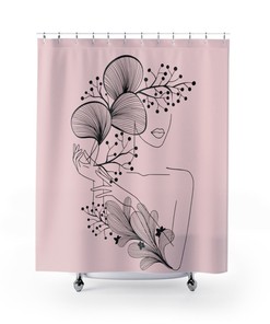 Modern Pink Woman in Flowers Line Art Shower Curtain, Art Deco, Bath Curtain, Bathroom Decoration, Woman's Body Line Art