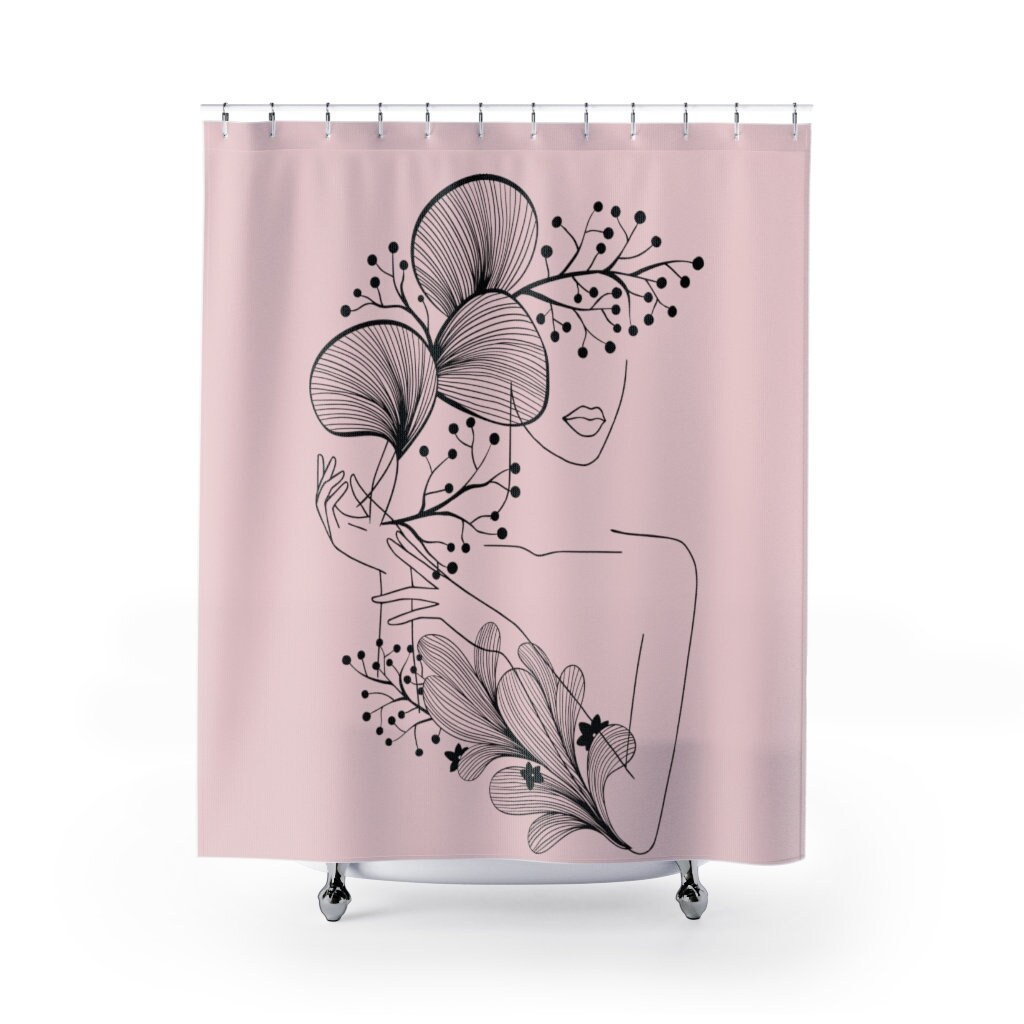 Modern Pink Woman in Flowers Line Art Shower Curtain, Art Deco, Bath Curtain, Bathroom Decoration, Woman's Body Line Art