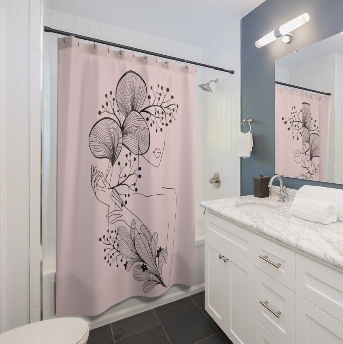 Modern Pink Woman in Flowers Line Art Shower Curtain, Art Deco, Bath Curtain, Bathroom Decoration, Woman's Body Line Art - Image 2