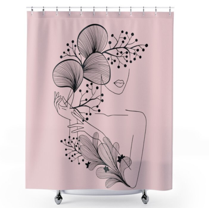 Modern Pink Woman in Flowers Line Art Shower Curtain, Art Deco, Bath Curtain, Bathroom Decoration, Woman's Body Line Art - Image 3
