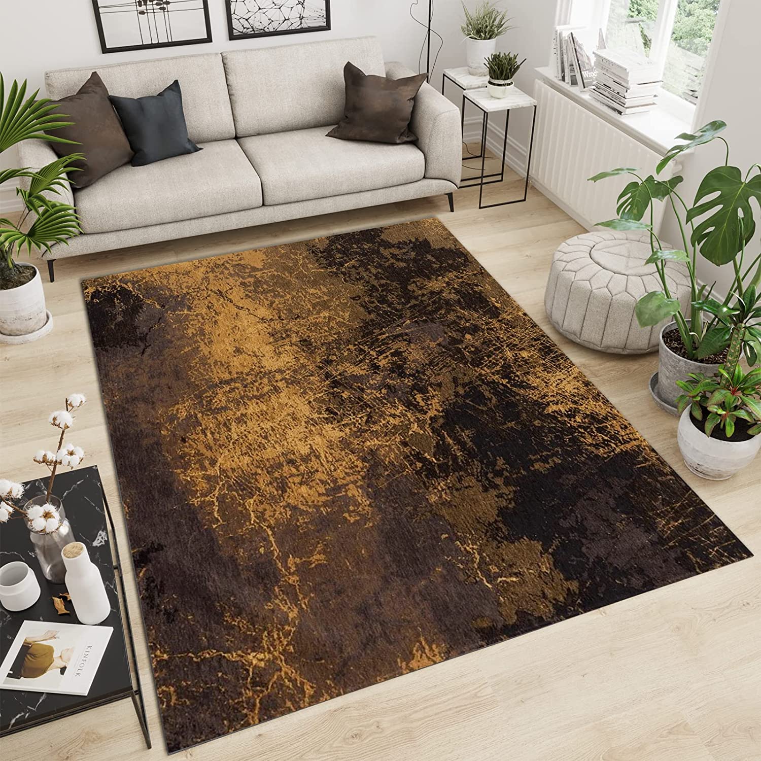 Modern Retro Minimalism Yellow Brown Distressed Texture Area Rug - Striking Carpet for Your Home
