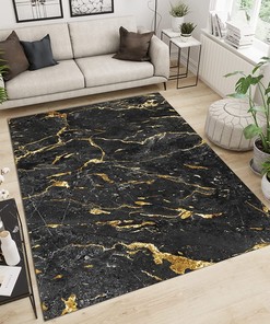 Modern Stylish Golden Textured Marble Black Living Room Carpet with Non-Slip Backing for Home Decor