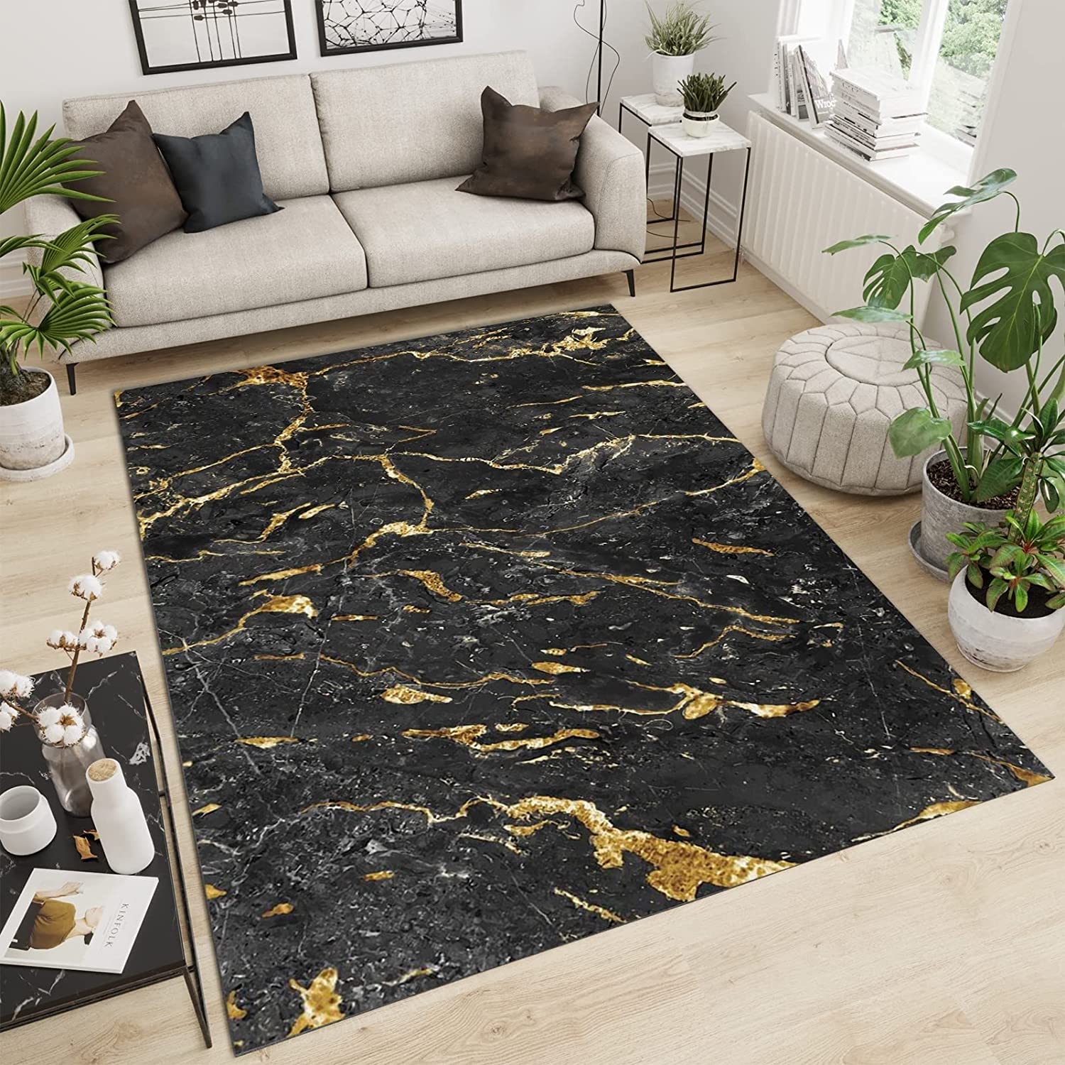 Modern Stylish Golden Textured Marble Black Living Room Carpet with Non-Slip Backing for Home Decor