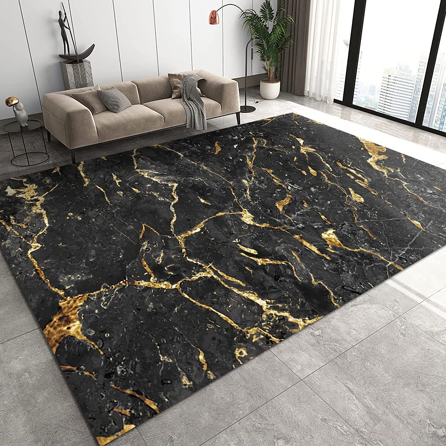 Modern Stylish Golden Textured Marble Black Living Room Carpet with Non-Slip Backing for Home Decor - Image 2