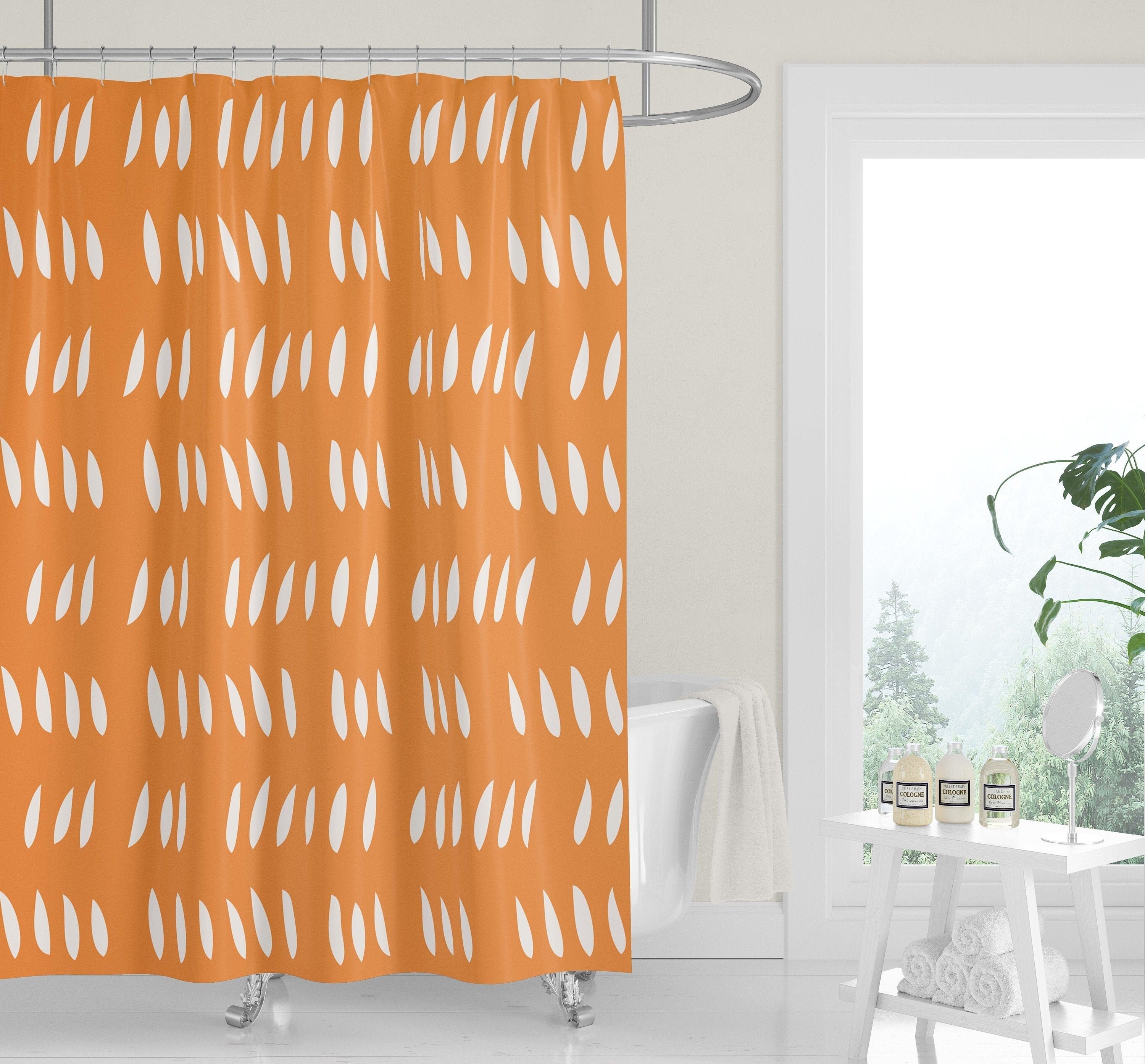 Modern Tangerine Orange and White Shower Curtain with Abstract Raindrop Cutouts and Neutral Minimalist Design