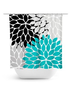 Modern Teal Black Gray Floral Shower Curtain, Fabric Bath Curtain for Turquoise Bathroom with Girls Bathroom Decor
