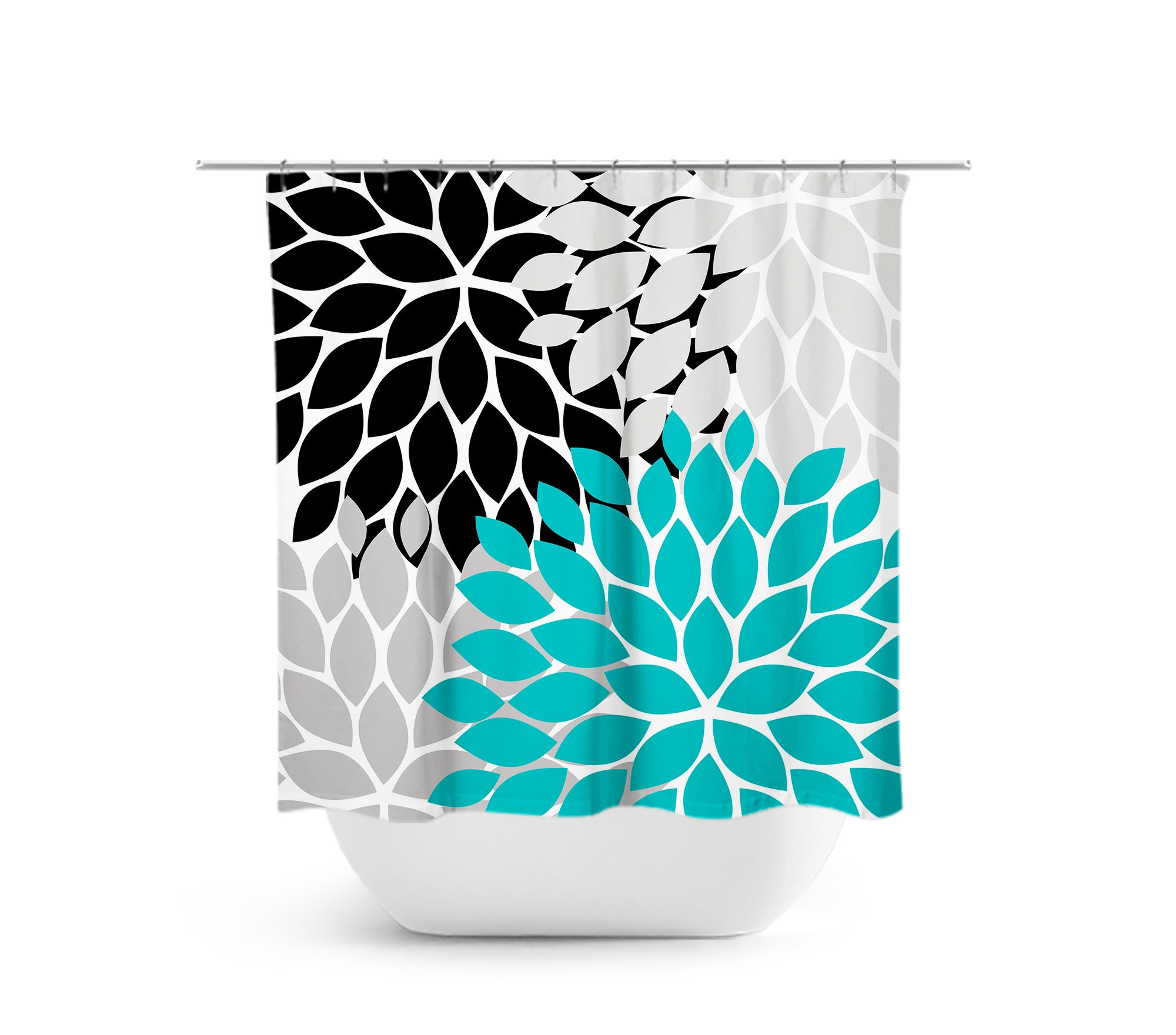 Modern Teal Black Gray Floral Shower Curtain, Fabric Bath Curtain for Turquoise Bathroom with Girls Bathroom Decor