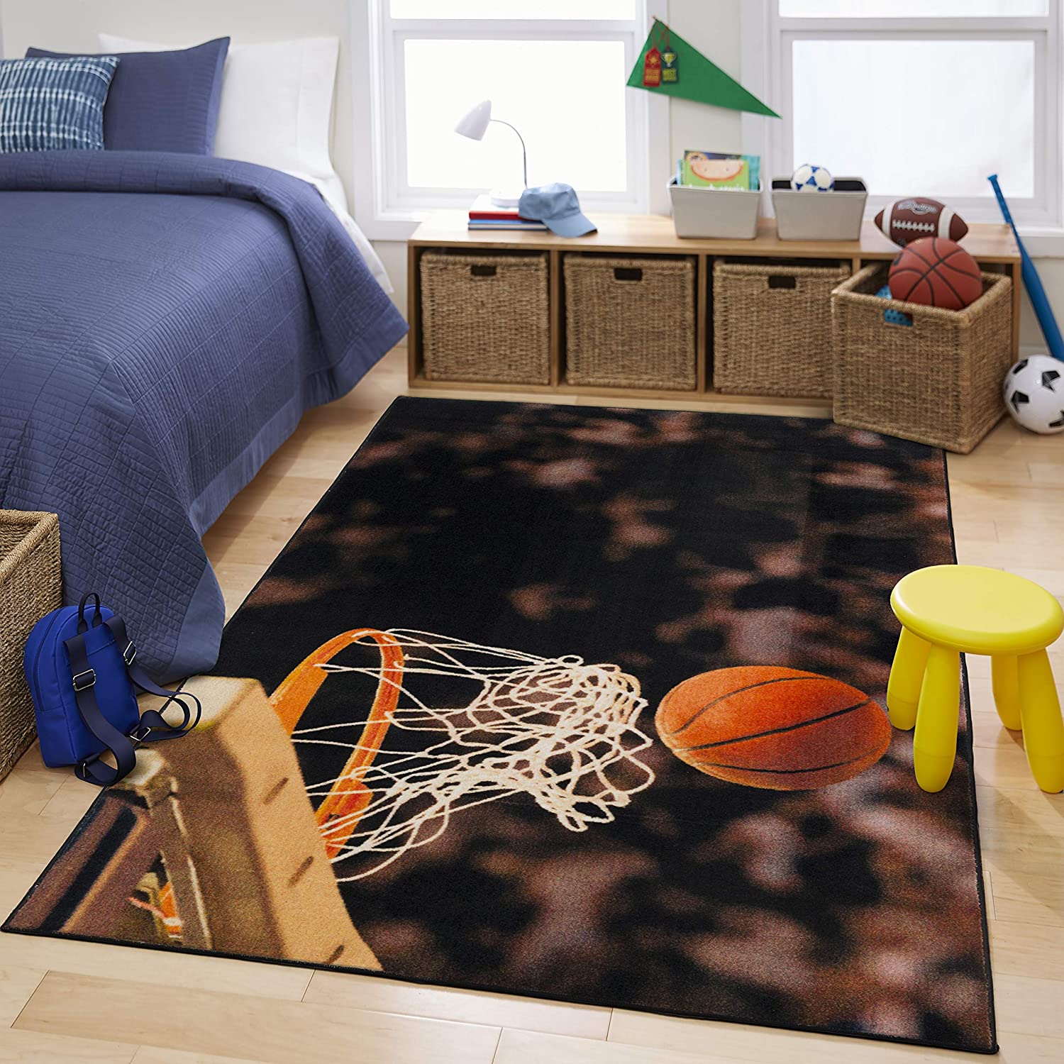 Mohawk Home Beige Kids Sports Playroom Area Rug with Basketball Hoop for Children's Room Decoration